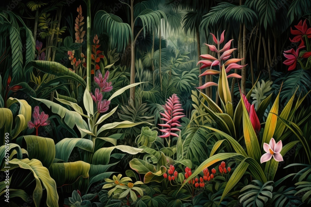 Fototapeta premium Lush greenery, tropical paradise, exotic flora. Botanical wonderland, nature's bounty, background or wallpaper.