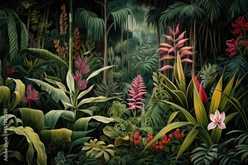 Fototapeta Naklejka Na Ścianę i Meble -  Lush greenery, tropical paradise, exotic flora. Botanical wonderland, nature's bounty, background or wallpaper.