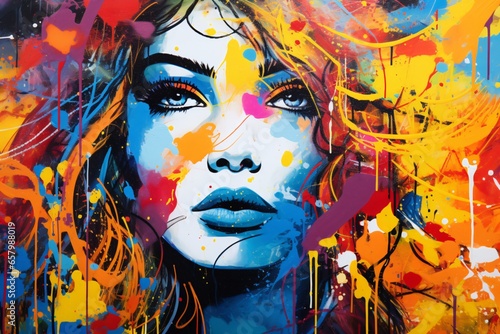 Colorful graffiti portrait painting of the face of a beautiful woman photo