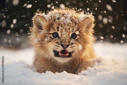 a cute lion playing in the snow