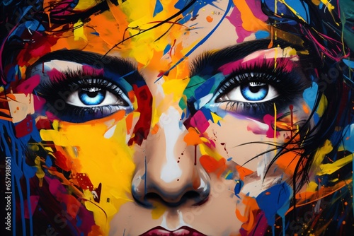 Colorful graffiti portrait painting of the face of a beautiful woman