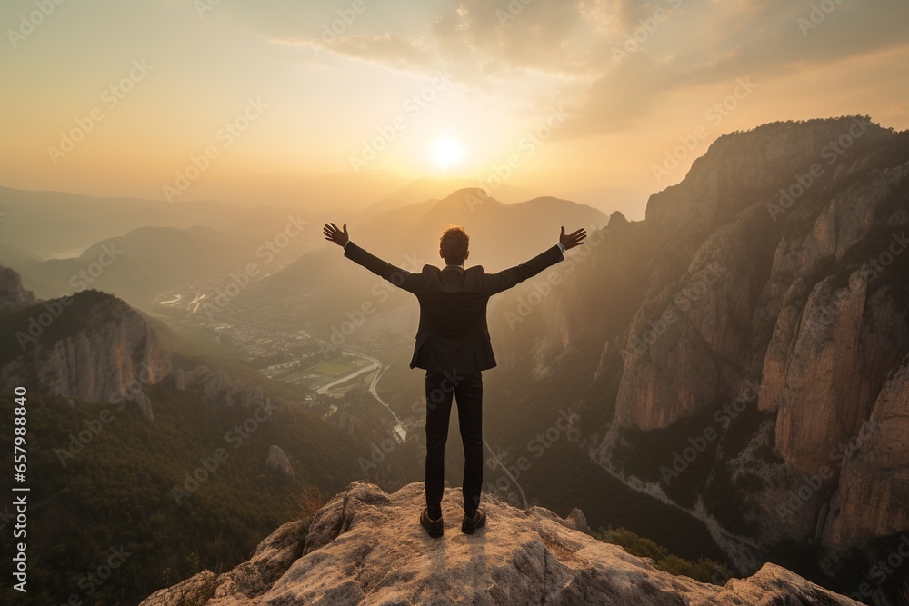 businessman on the top of a mountain rising his arms, leadership inspirational concept with a business person standing on a mountain peak reaching his goal, enjoying achievement
