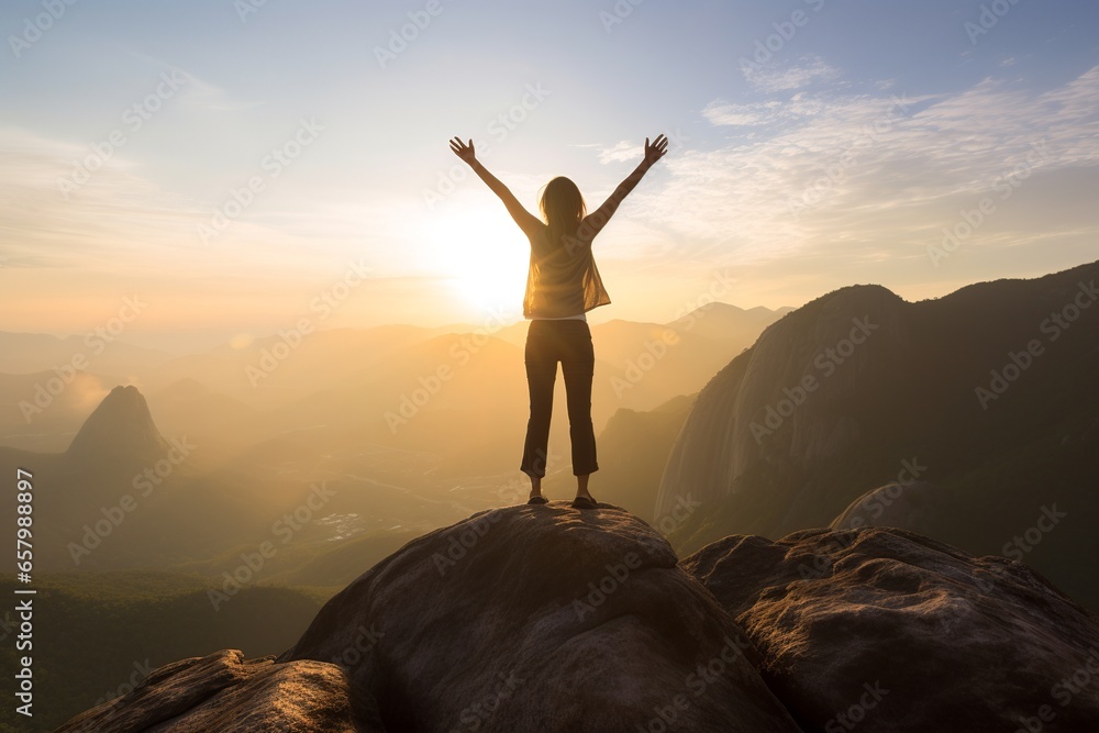women in business success and achievement concept idea, businesswoman standing on the top of a mountain, inspirational image of female leaders reaching goals and overcoming challenges - obrazy, fototapety, plakaty 