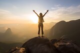 women in business success and achievement concept idea, businesswoman standing on the top of a mountain, inspirational image of female leaders reaching goals and overcoming challenges