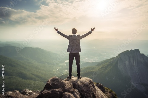 business success and achievement concept idea, businessman standing on the top of a mountain, inspirational image reaching goals and overcoming challenges photo