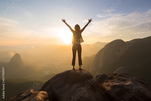 women in business success and achievement concept idea, businesswoman standing on the top of a mountain, inspirational image of female leaders reaching goals and overcoming challenges photo
