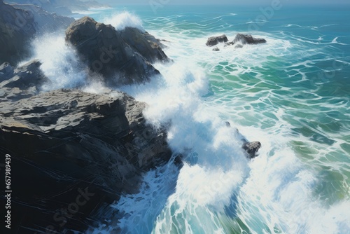 Rugged coastlines embrace rolling waves, nature's drama unfolds.