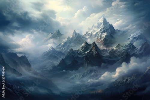 Snow-capped peaks pierce the heavens, silent giants guarding earth.