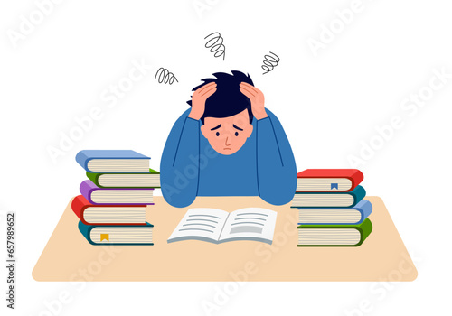 Unhappy student doing difficult homework. Information excessive amount. Stressed student with books piles in flat design.