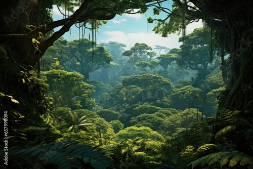 Verdant jungles shelter diverse life forms  canopy teems with vitality.