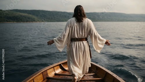 Jesus Christ performing a miracle standing on the boat with both hands raised photo