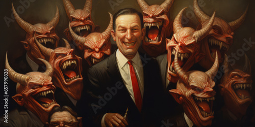 Fototapeta Bunch of greedy evil politics with devil like eyes and horns laughing