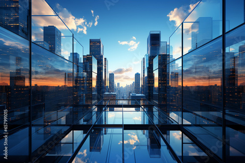 Fotografia Reflection of skyscrapers in the windows of a modern office building