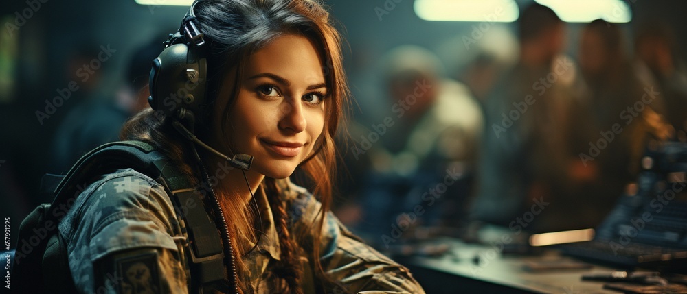 a lady with a smile in an army control room strategizing as a soldier in uniform in times of war or conflict,.