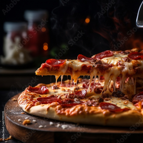Pizza slices with lots of meat and cheese photography