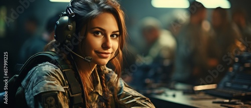 a lady with a smile in an army control room strategizing as a soldier in uniform in times of war or conflict,.