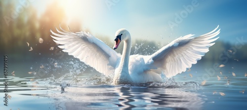 Fototapeta Naklejka Na Ścianę i Meble -  White swan flap it wings. Generative AI technology.