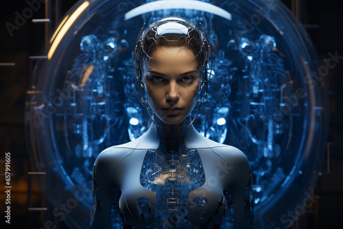 A female cyborg in a futuristic space