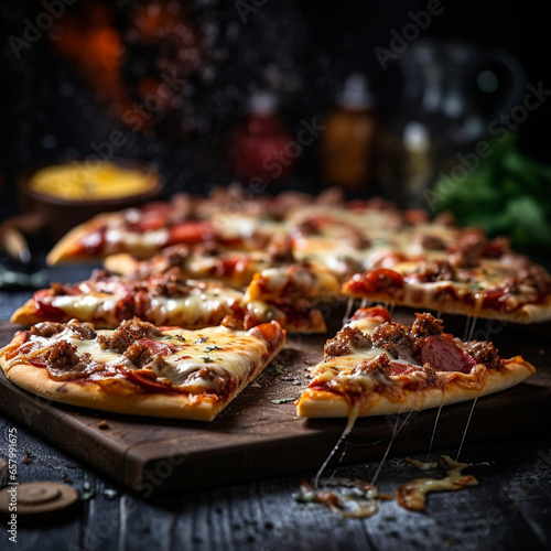 Pizza slices with lots of meat and cheese photography