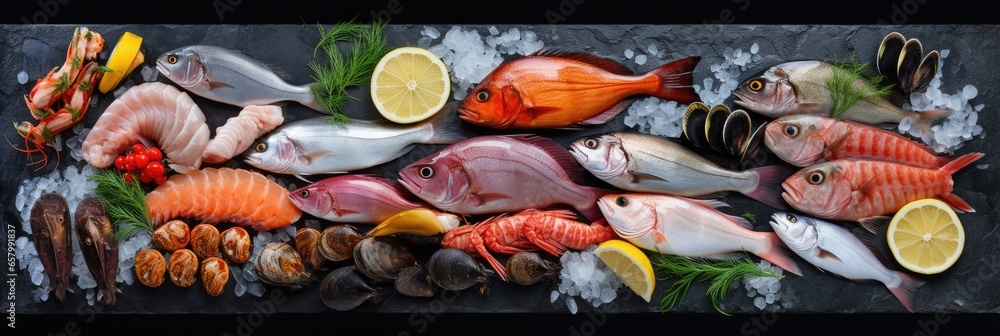 Fresh fish and seafood arranged on black background rocks - obrazy, fototapety, plakaty 