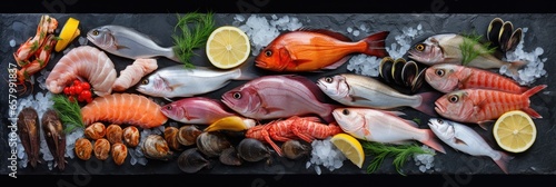 Fresh fish and seafood arranged on black background rocks photo