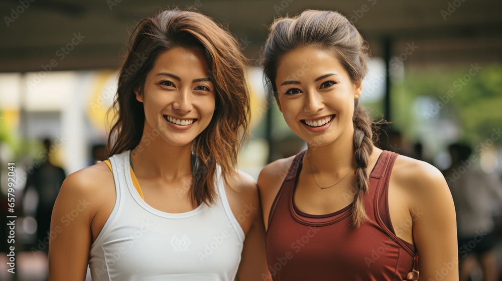 Sports and image of smiling female pals working out, exercising, and practising. Fitness.
