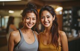 Sports and image of smiling female pals working out, exercising, and practising. Fitness.