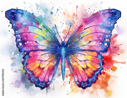 Obraz na płótnie Vibrant Serenity: A Colorful Butterfly Amidst a Watercolor Splash,butterfly on white background,Colorful Butterfly Realistic Illustration w salonie