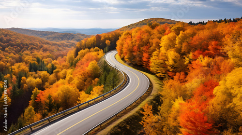 Imagine a winding road meandering through a dense forest during peak autumn.  © Narut