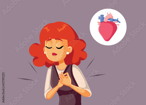 Woman Having Palpitations Suffering from Heart Disease Vector Illustration. Stressed woman suffering a heart attack while young
