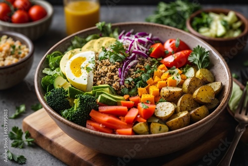 Vegetarian buddha bowl. Raw vegetables and baked potatoes in bowl. Vegan meal. Generative AI.