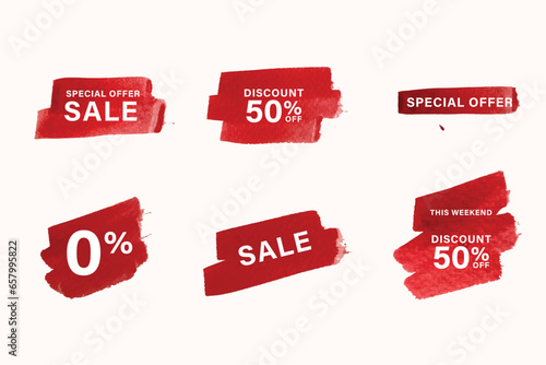 Red stain watercolor painting of sale label. Sale price promotion discount sticker banner watercolor paint hand drawn style.