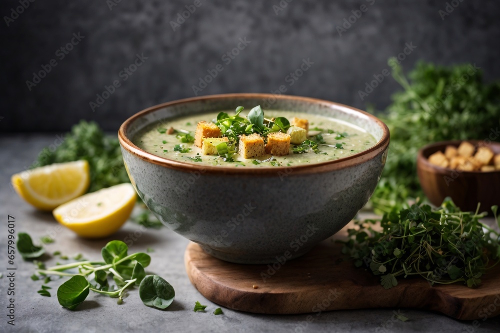 Broccoli soup with croutons and micro greens served in a bowl on a gray background Vegan recipe for spring. Generative AI.