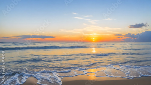 Beach with some waves and clouds illuminated by the evening sun, generated by AI