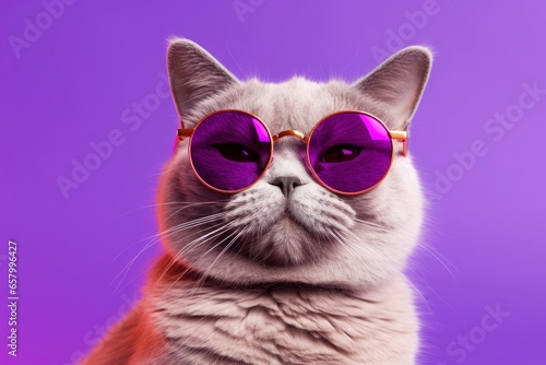 Closeup portrait of funny ginger cat wearing sunglasses isolated on purple .Copyspace.Generative AI