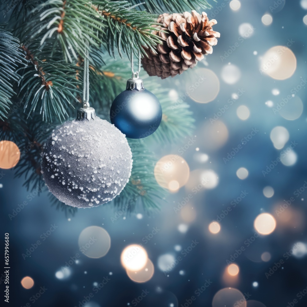 Christmas Pine Tree christmas balls with Bokeh Background, ai generate Christmas Pine Tree christmas balls with Bokeh Background, ai generate
