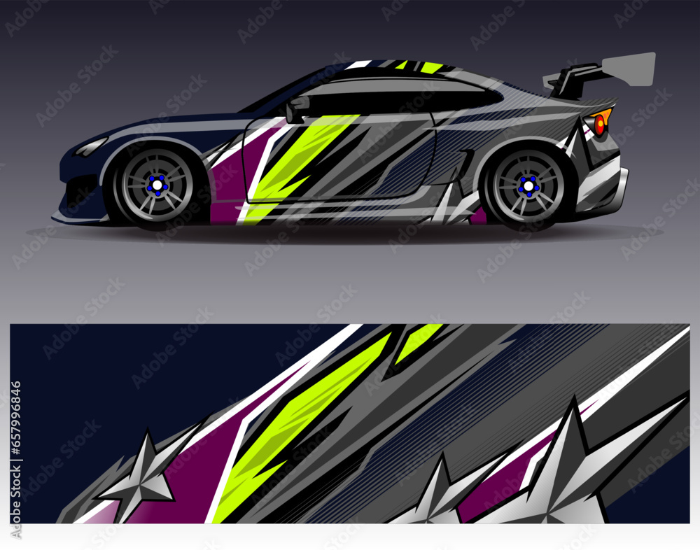 Fototapeta premium Car wrap design vector.Graphic abstract stripe racing background designs for vehicle, rally, race, adventure and car racing livery