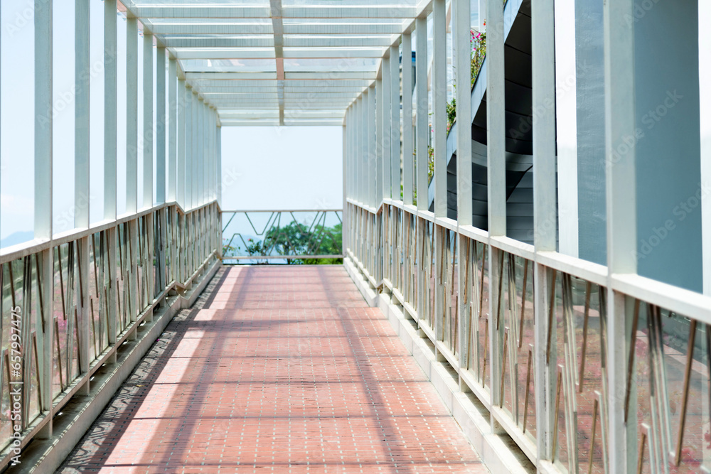 Close up of empty footbridge corridor Close up of empty footbridge corridor