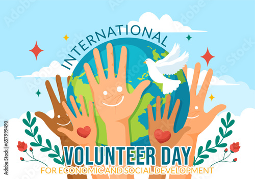 International Volunteer Day for Economic and Social Development Vector Illustration on December 5 with Hands and Pigeons in Flat Cartoon Background