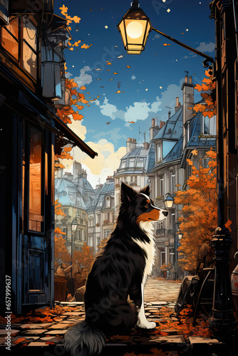 Black and White Border Collie on a Cobblestone Street: A Digital Art Depiction,black and white dog on street,portrait of a dog