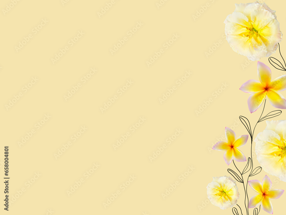 Naklejka premium Yellow floral assorted plumeria flower ith doodle lines border on copy space background