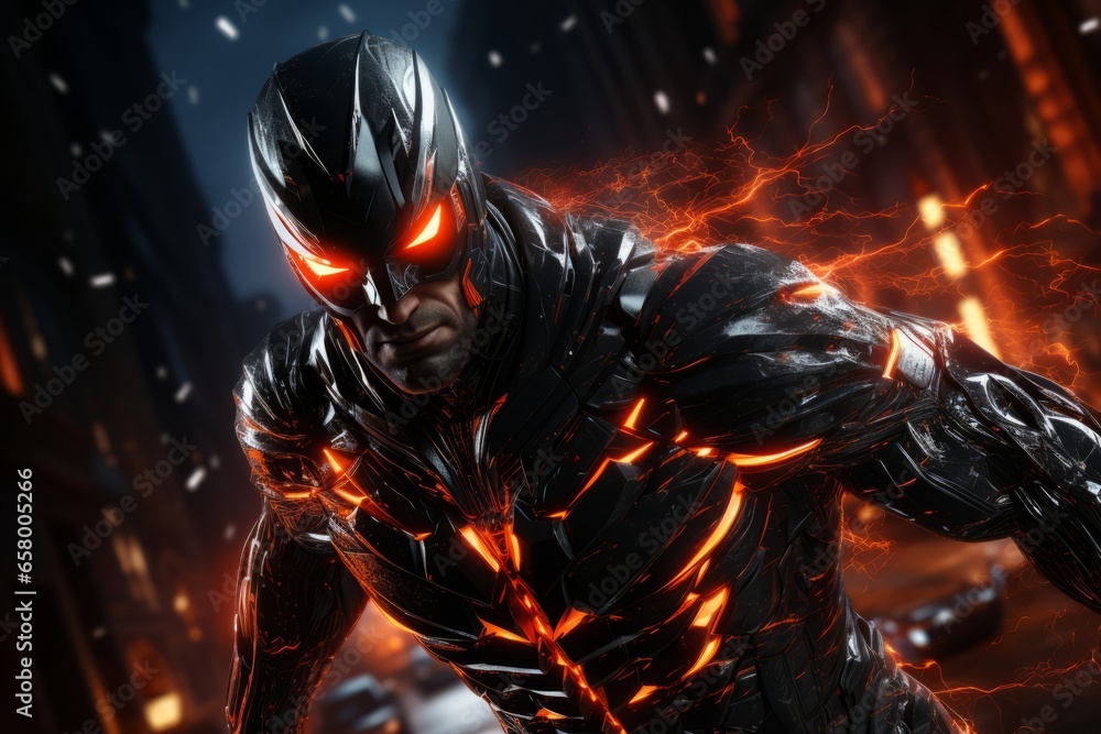 Lightning-fast superhero soaring through a futuristic city, Generative AI Lightning-fast superhero soaring through a futuristic city, Generative AI