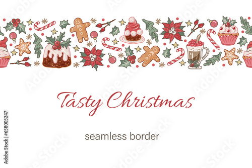 Christmas and New Year seamless border with gingerbread man, cupcakes, winter hot drink and poinsettia. Vector illustration.