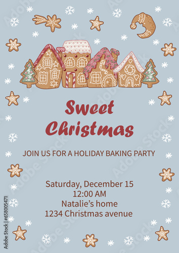 Template with gingerbread houses, crescent and star for cookie exchange party, winter holidays invitation, Christmas and Happy New Year greeting card, flayer. Space for text. Vector illustration.