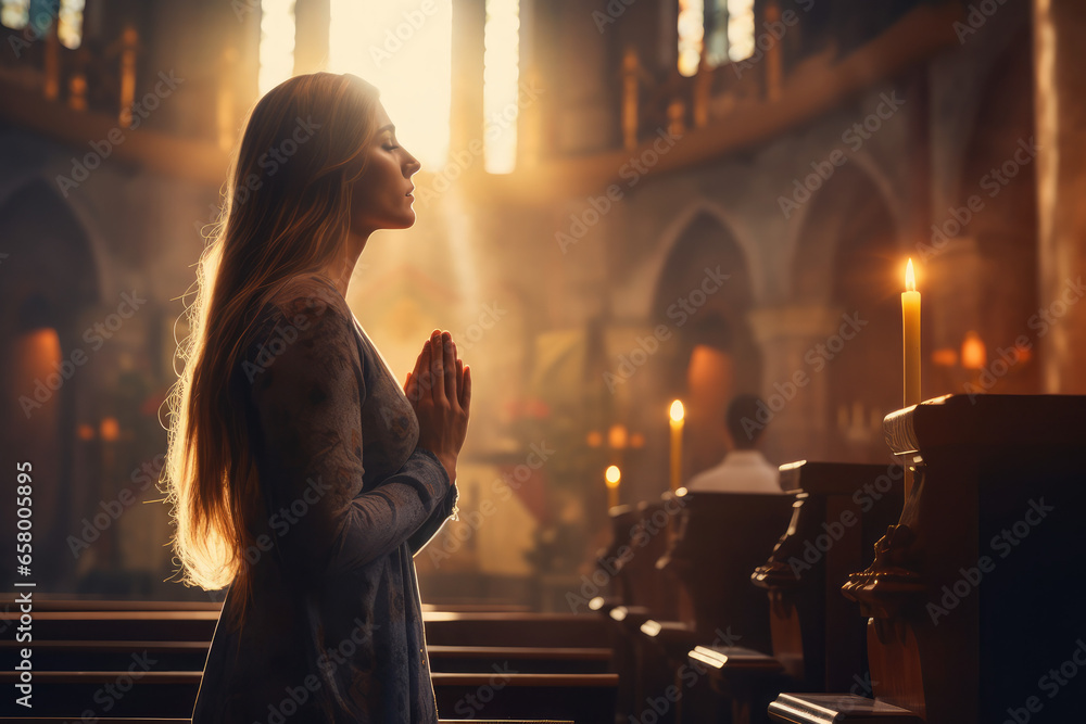 Prayer, christian and worship with woman in church for god - obrazy, fototapety, plakaty 