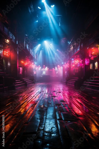 Empty nightclub stage with vibrant lighting, suggesting the energy of a night yet to come, Generative AI © Shooting Star Std