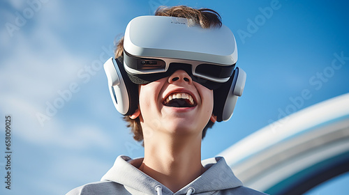 Boy enjoying VR under a blue sky © Doraway