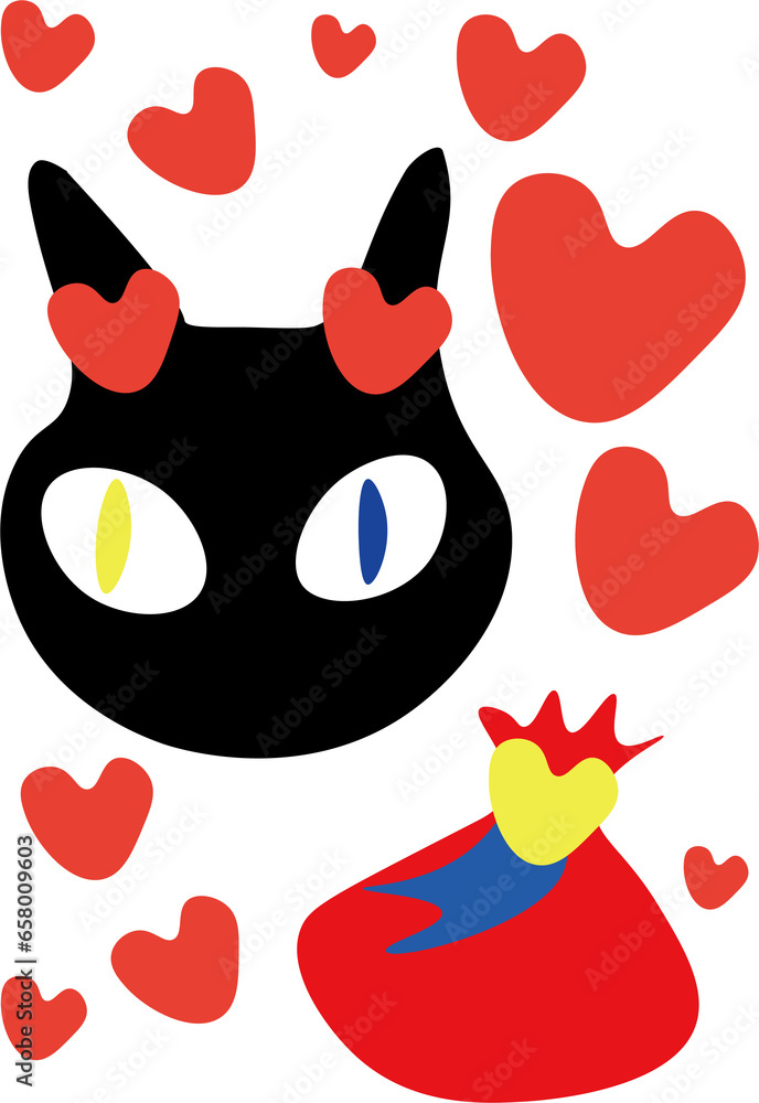 Fototapeta premium オッドアイの黒猫とハートと贈り物