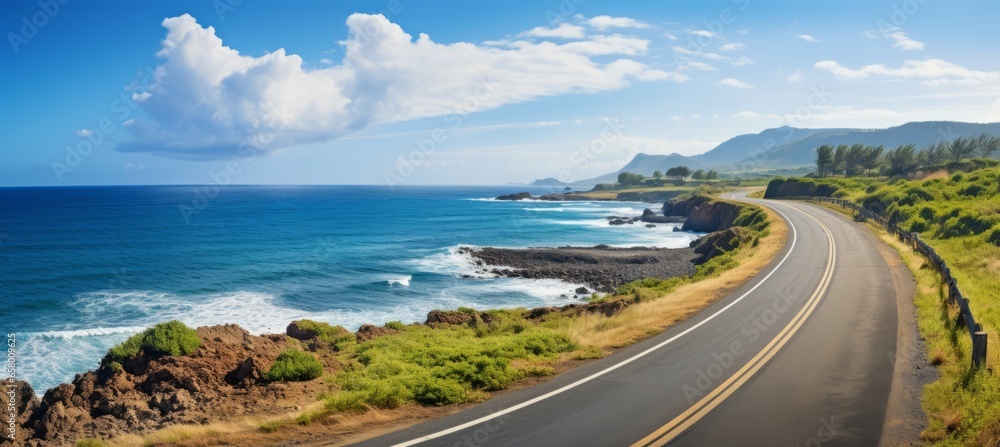 Coastline asphalt road. Generative AI technology. Coastline asphalt road. Generative AI technology.