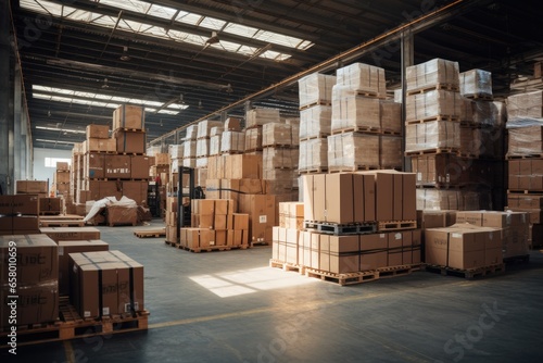 Warehouse filled with boxes and pallets. © Witchaporn